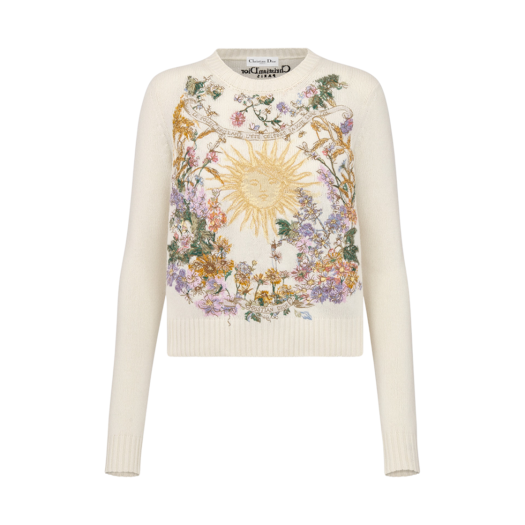 (W) Dior Embroidered Sweater White Cashmere Knit Multicolor 4 Saisons Ete Motif