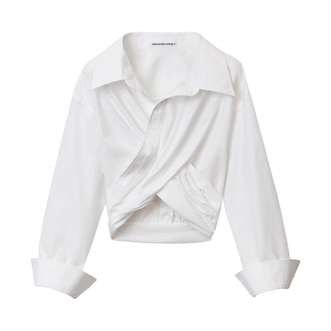 (W) 알렉산더 왕 컴팩트 코튼 크로스 드레이프 크롭 셔츠 화이트((W) Alexander Wang Cross Drape Crop Shirt in Compact Cotton White) - 1