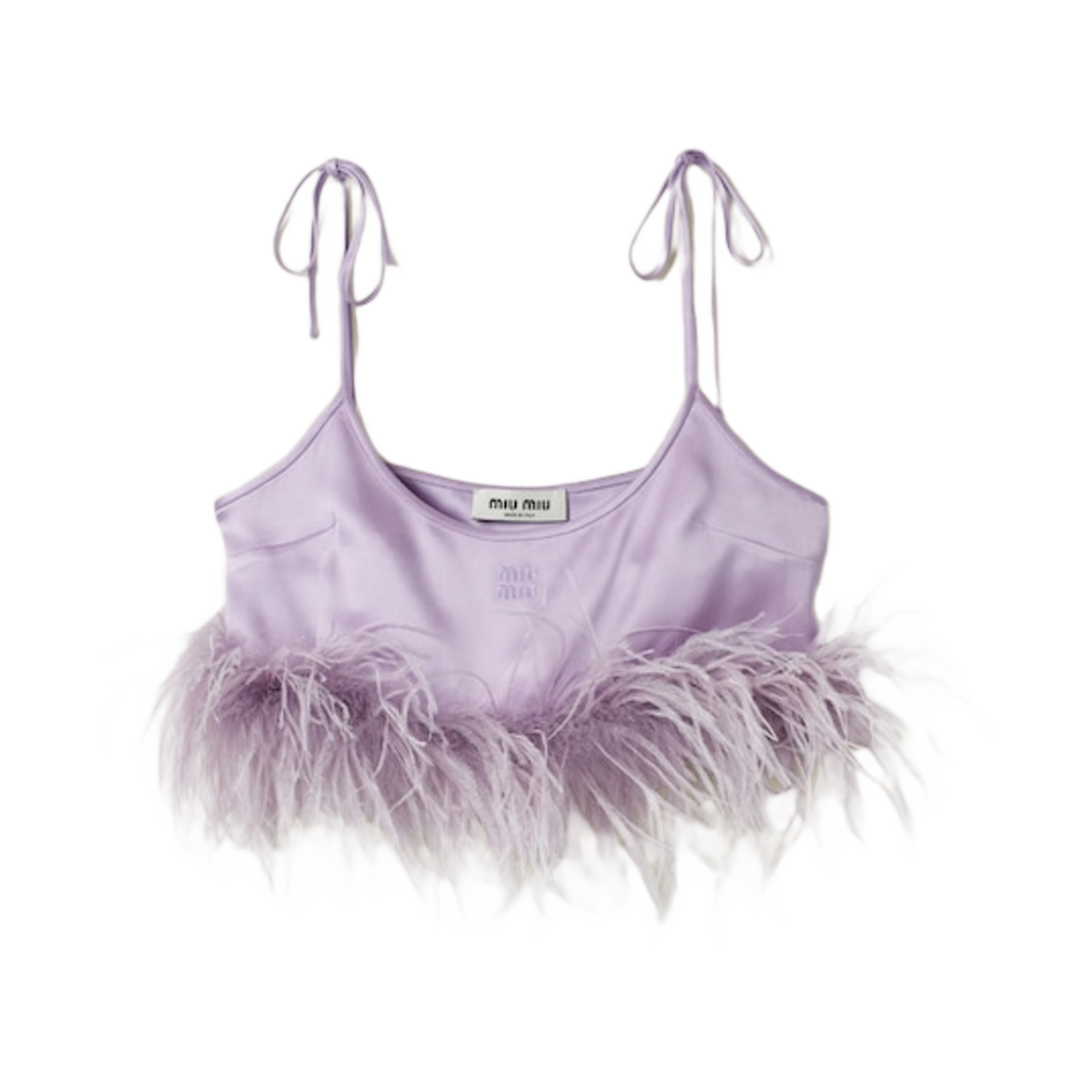 (W) 미우 미우 페더 트림 사틴 탑 라일락((W) Miu Miu Feather Trimmed Satin Top Lilac) - 1