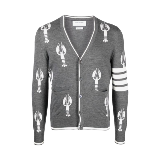 Thom Browne Lobster Merino 4-Bar Relaxed V-Neck Cardigan Medium Grey