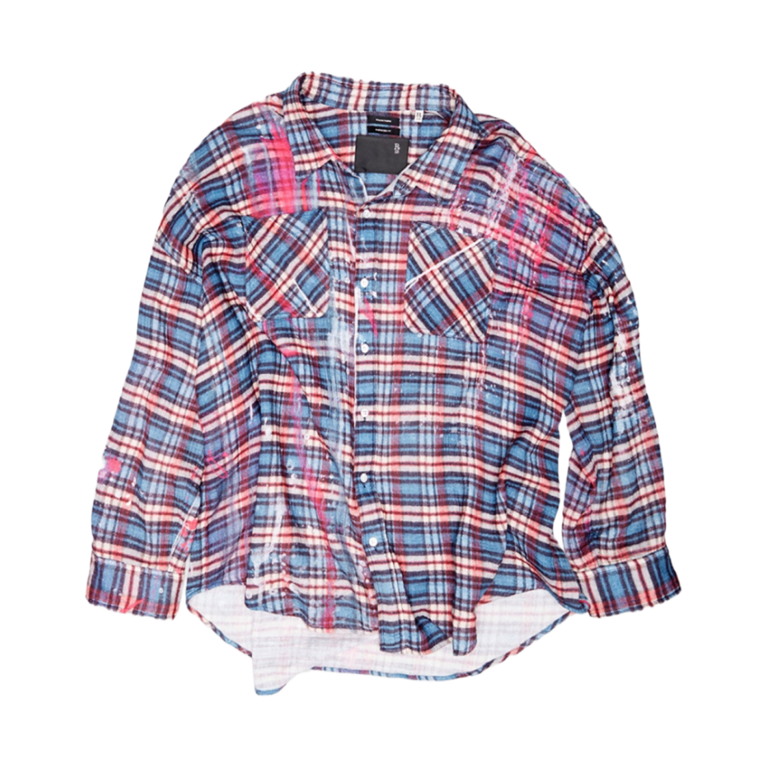 R13WR015-R422B (W) R13 Drop Neck Workshirt Blue Plaid With Paint Drips