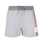 (W) Thom Browne University Stripe Cotton Tweed Engineered Stripe Mid Thigh Shorts Light Grey