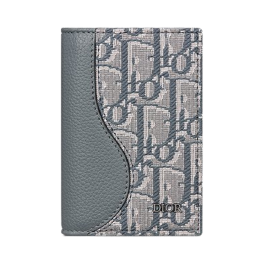 Dior Saddle Vertical Bifold Card Holder Deep Gray Grained Calfskin Marquetry with Deep Gray Dior Oblique Jacquard