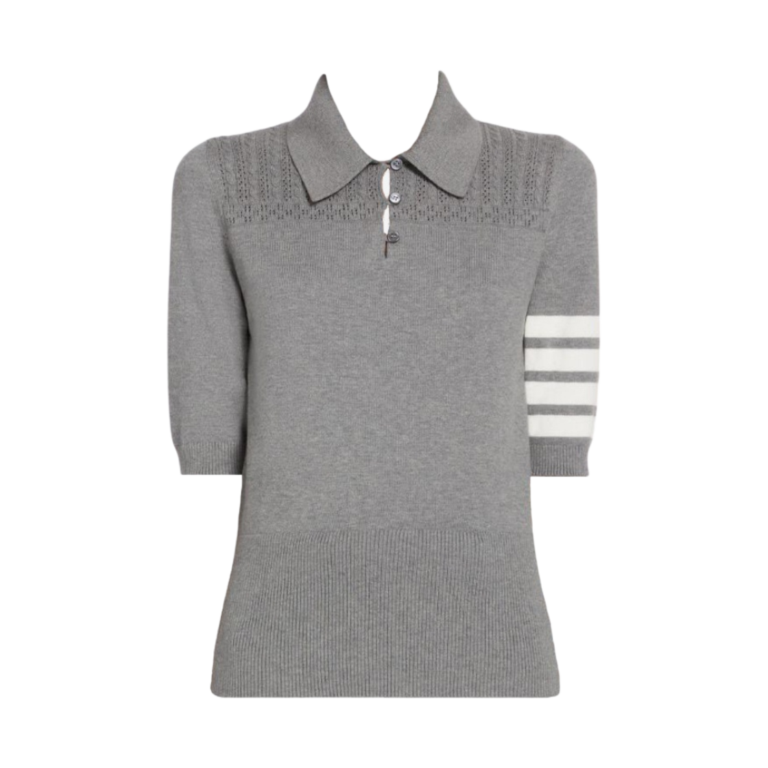 (W) 톰브라운 코튼 헥터 메달리온 사선 키홀 폴로 라이트 그레이((W) Thom Browne Cotton Hector Medallion 4-Bar Keyhole Polo Light Grey)