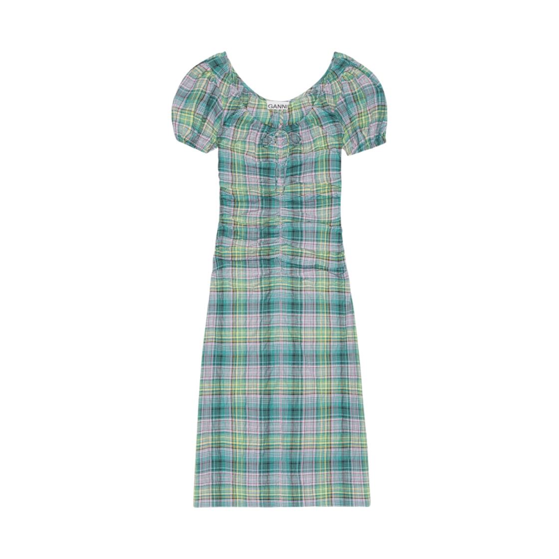 (W) 가니 시어서커 체크 개더 U넥 미디 드레스 라군((W) Ganni Seersucker Check Gathered U Neck Midi Dress Lagoon) - 1