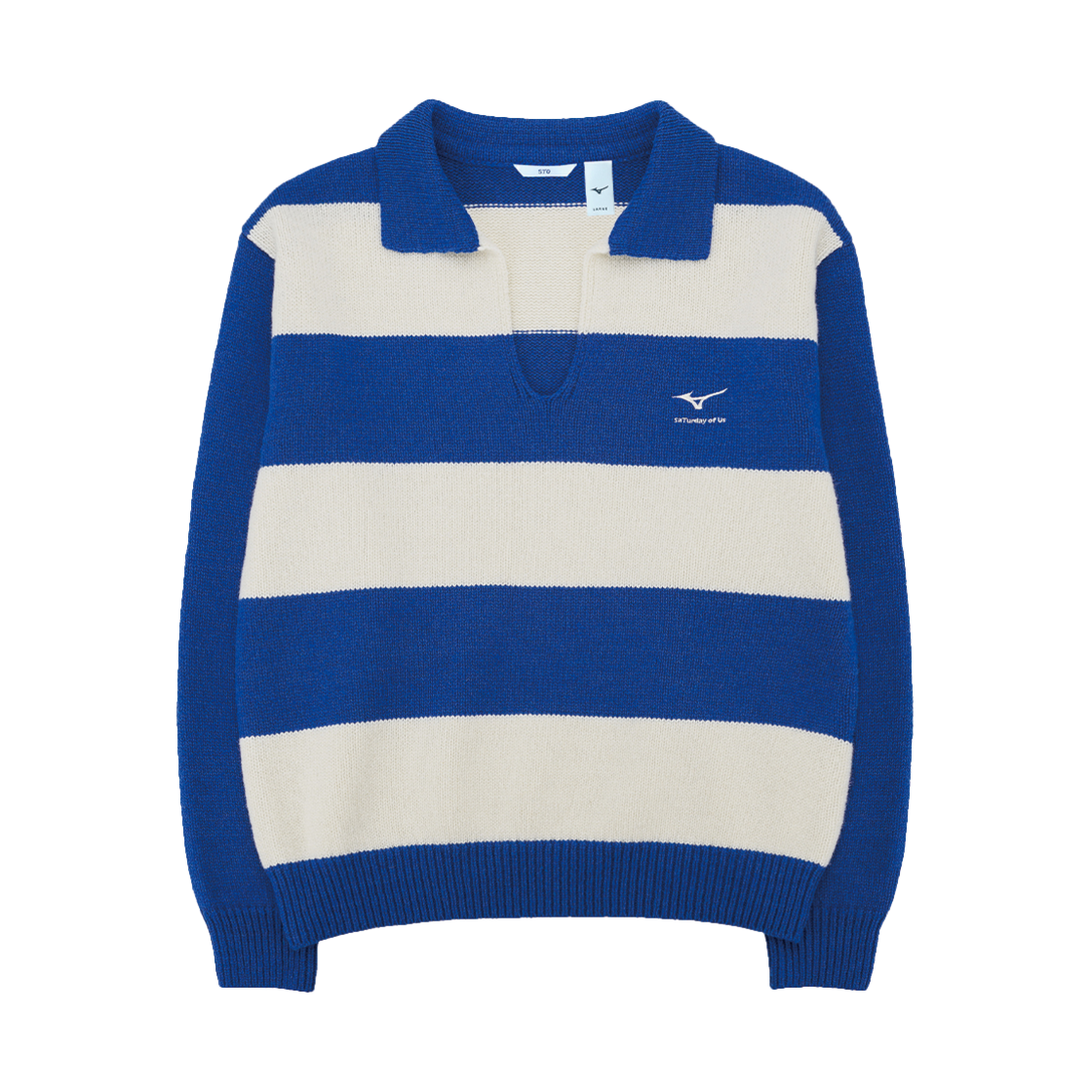 에스티유 X 미즈노 로고 엠브로더리 스트라이프 카라 니트 블루(STU X MIZUNO Logo Embroidery Stripe Collar Knit Blue)