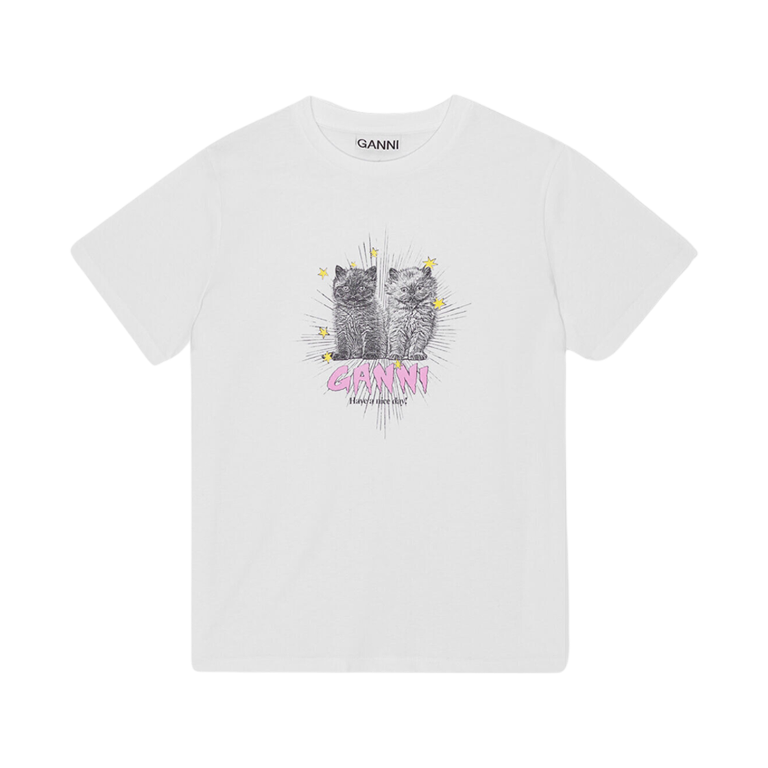 (W) 가니 베이직 저지 키튼 릴렉스드 티셔츠 화이트((W) Ganni Basic Jersey Kittens Relaxed T-Shirt White)