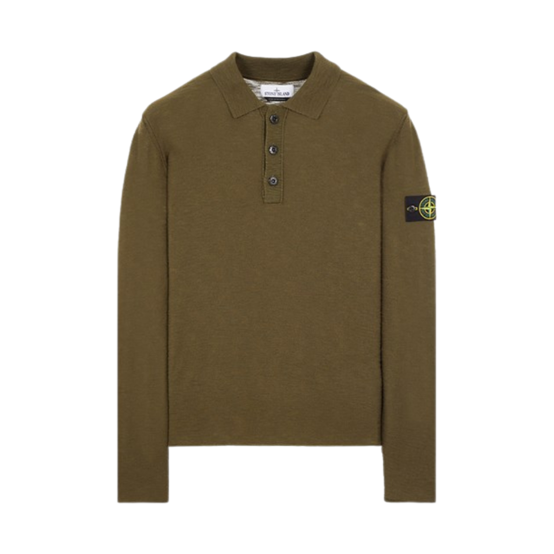 스톤 아일랜드 535B9 리버스 스타킹 스티치 슬럽 울 나일론 폴로 셔츠 니트 올리브 그린 - 23FW(Stone Island 535B9 Reverse Stocking Stitch Slub Wool Nylon Polo Shirt Knit Olive Green - 23FW) - 1