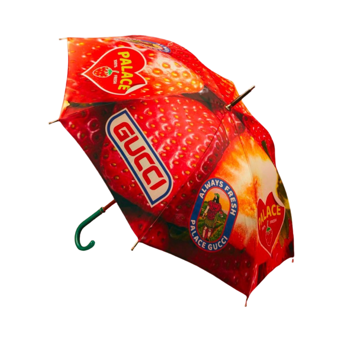 723920-FAA1N-8568 Palace x Gucci Strawberry Print Rain Umbrella with Leather Handle Red - 22FW