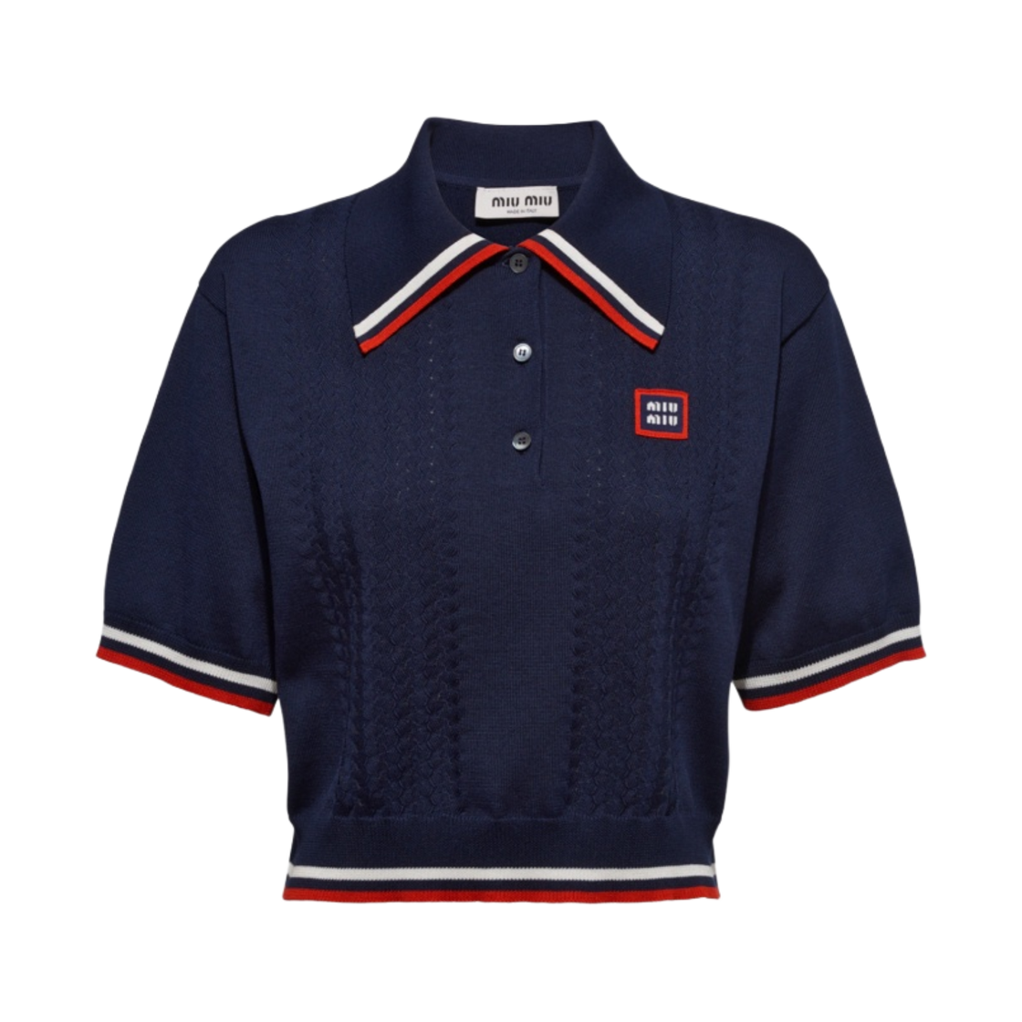 (W) 미우 미우 크롭 실크 코튼 폴로 셔츠 블루((W) Miu Miu Cropped Silk Cotton Polo Shirt Blue) - 1