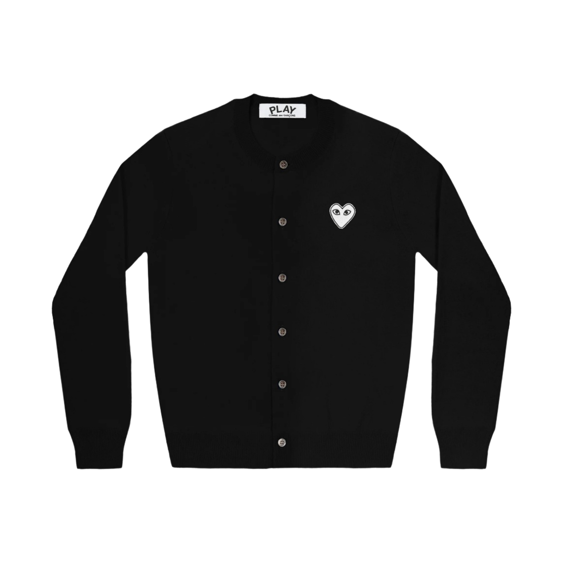 (W) 플레이 꼼데가르송 화이트 하트 니트 가디건 블랙((W) Play Comme des Garcons White Heart Knit Cardigan Black)