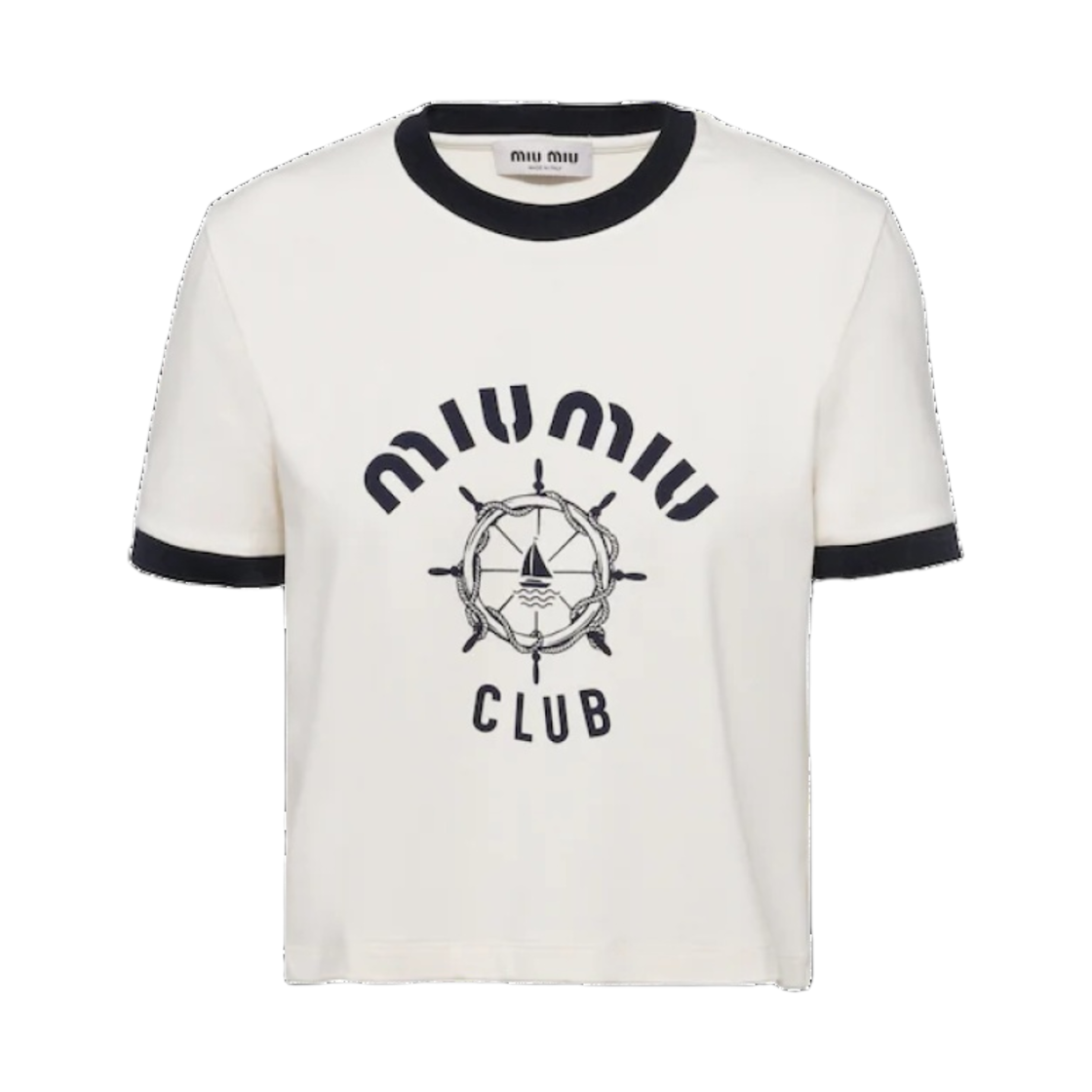 (W) 미우 미우 프린트 저지 티셔츠 아이보리((W) Miu Miu Print Jersey T-Shirt Ivory) - 1