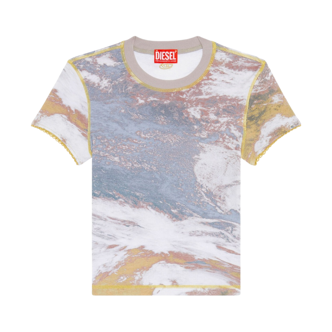 (W) 디젤 T-스킨지-레이스 립드 플래닛 프린트 티셔츠 라일락