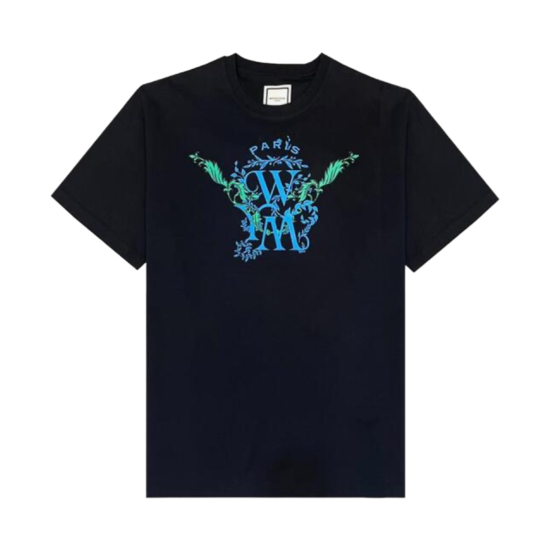 우영미 코튼 리프 프린트 로고 티셔츠 네이비 - 23SS