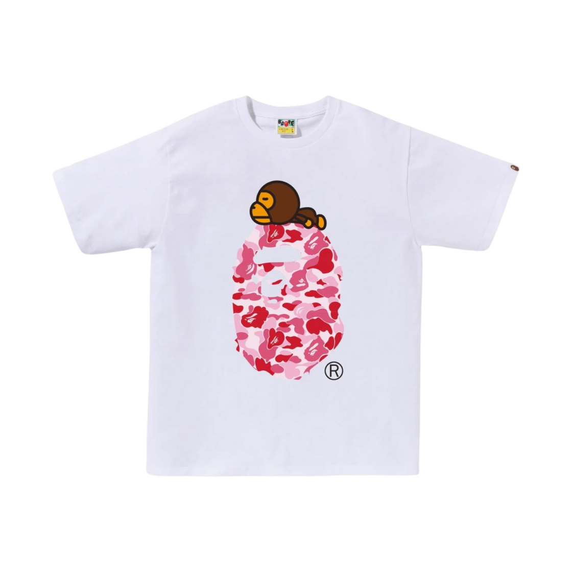 베이프 ABC 카모 마일로 온 빅 에이프 티셔츠 화이트 핑크(BAPE ABC Camo Milo on Big Ape T-Shirt White Pink)