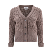 (W) Thom Browne Merino Wool Crisscross Cable Stitch 3/4 Sleeve V-Neck Cardigan Medium Brown