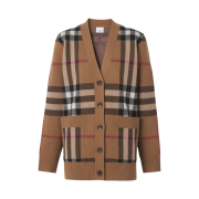 (W) Burberry Check Wool Cashmere Jacquard Oversized Cardigan Birch Brown