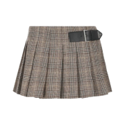 (W) Prada Houndstooth Logo Belt Pleated Mini Skirt Camel Brown