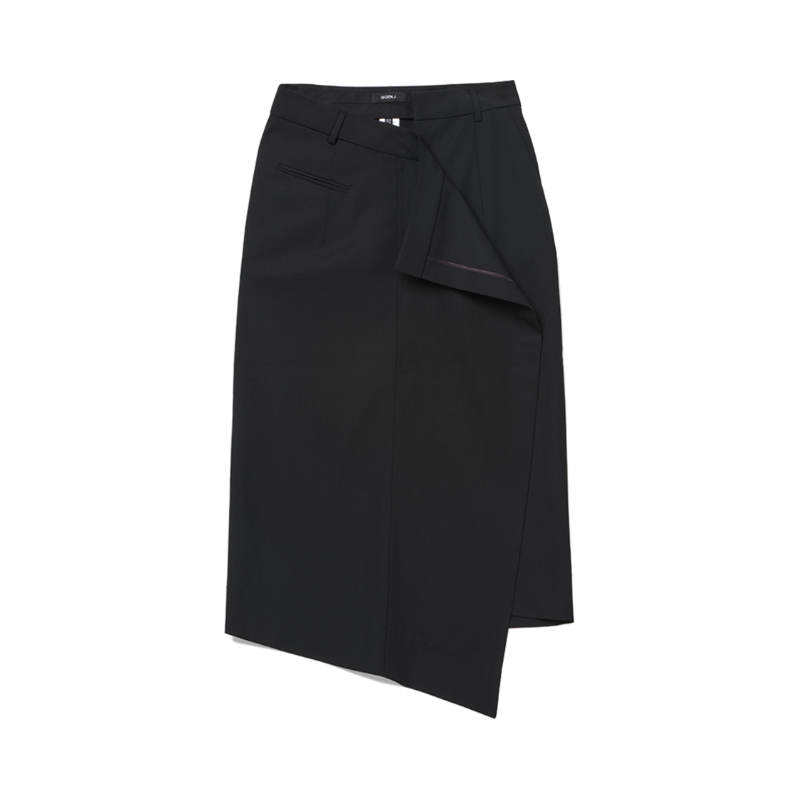 고엔제이 트라우저 모티프 어시메트릭 드레이프 프론트 울 블렌드 미디 스커트 블랙(GOEN.J Trouser Motif Asymmetric Draped Front Wool Blend Midi Skirt Black) - 1