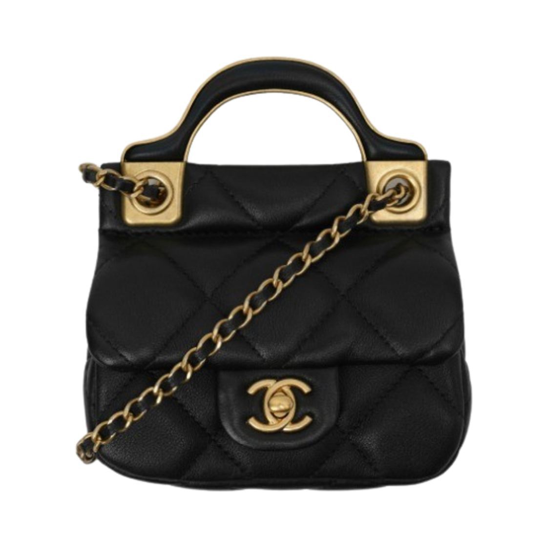 샤넬 체인 플랩 카드 홀더 카프스킨 & 골드 메탈 블랙