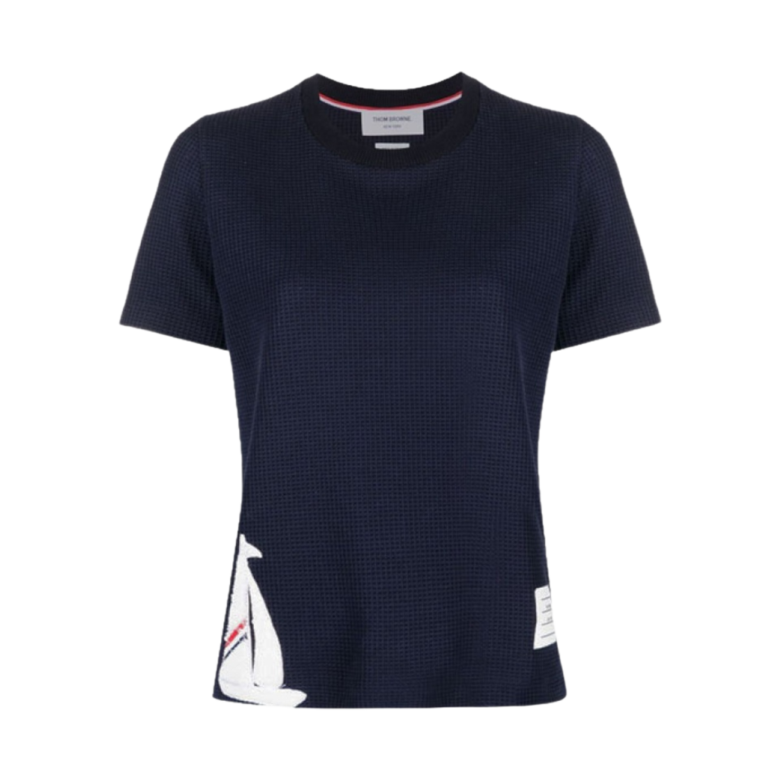 (W) 톰브라운 텍스쳐 체크 시퀸 세일보트 자수 숏슬리브 티셔츠 네이비((W) Thom Browne Textured Check Sequin Sailboat Embroidery Short Sleeve T-Shirt Navy) - 1