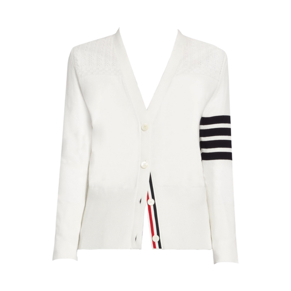 (W) 톰브라운 코튼 헥터 메달리언 사선 브이넥 가디건 화이트((W) Thom Browne Cotton Hector Medallion 4-Bar V-Neck Cardigan White) - 1