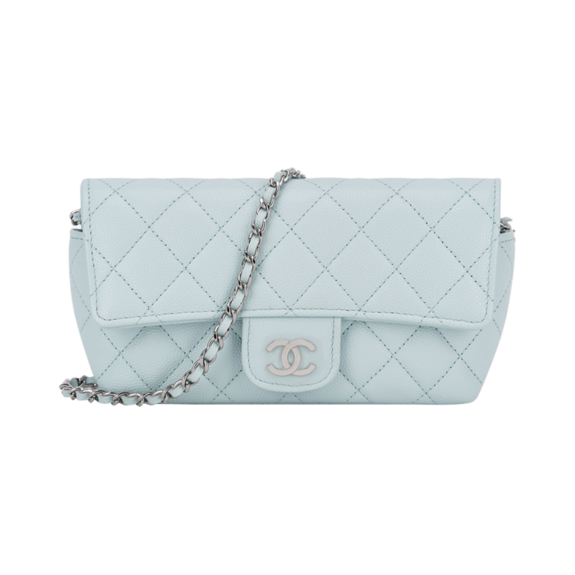 샤넬 클래식 체인 안경 케이스 그레인드 카프스킨 & 실버 메탈 라이트 블루(Chanel Glasses Case with Classic Chain Grained Calfskin & Silver Light Blue)