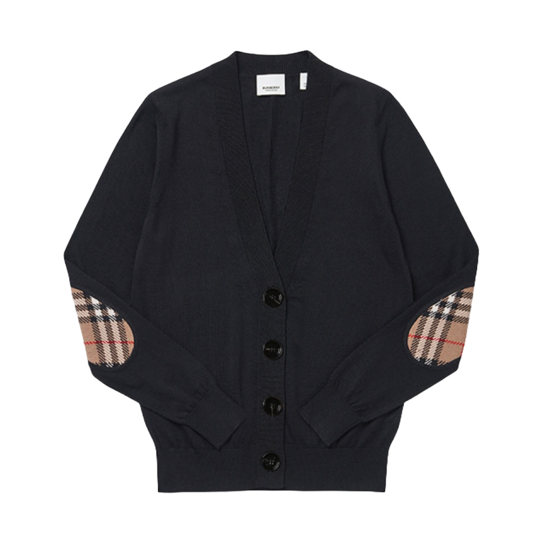 (W) 버버리 도녹 빈티지 체크 엘보우 패치 울 가디건 블랙((W) Burberry Dornoch Vintage Check Elbow Patch Wool Cardigan Black)