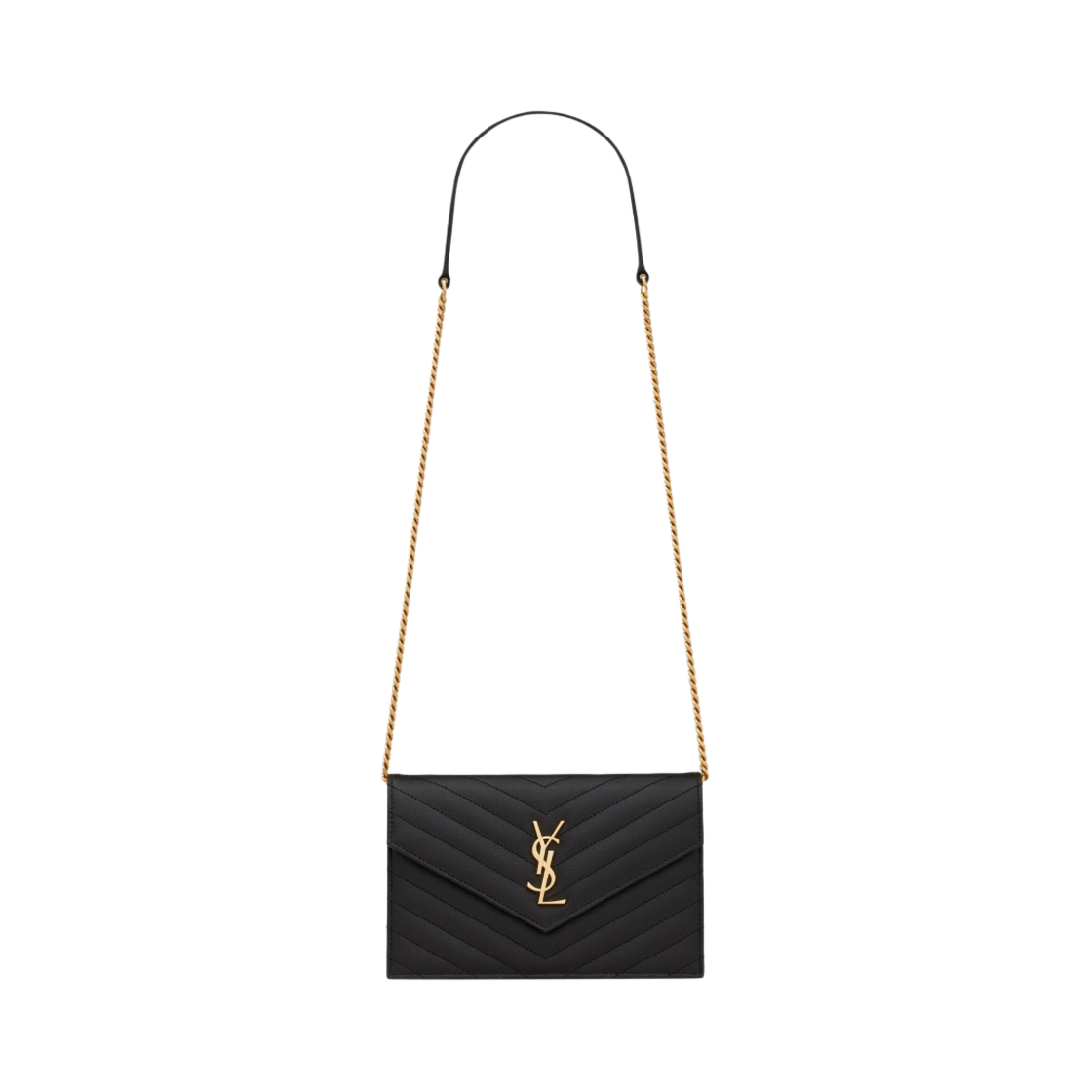 695108-BOW01-1000 Saint Laurent Cassandre Matelasse Envelope Chain Wallet in Grain de Poudre Embossed Leather Black