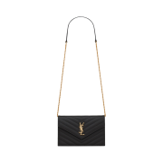 Saint Laurent Cassandre Matelasse Envelope Chain Wallet in Grain de Poudre Embossed Leather Black