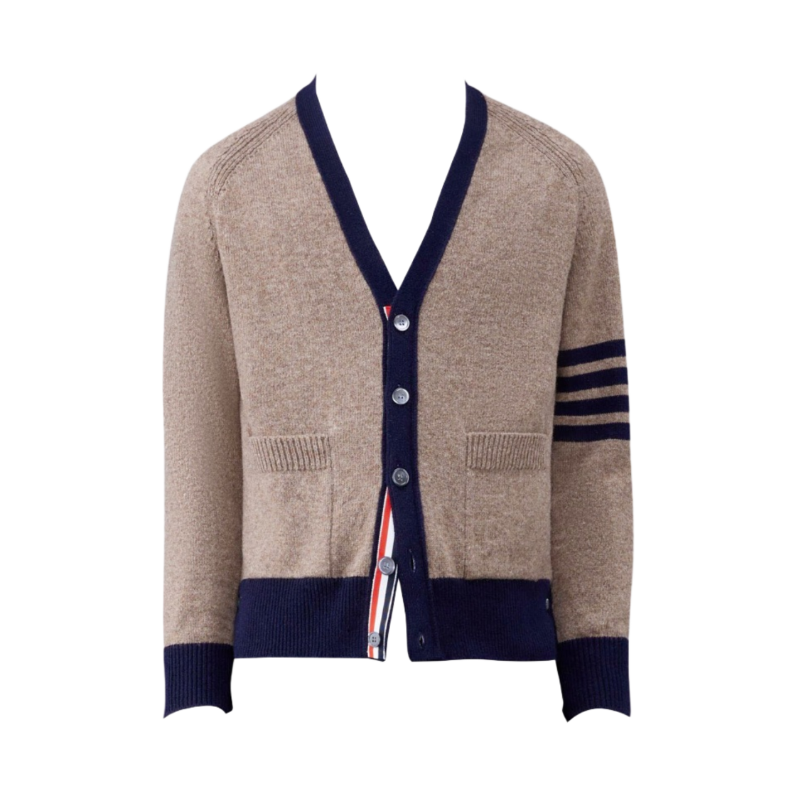 MKC485A-Y1026-215 Thom Browne Shetland Wool Raglan 4-Bar Relaxed V-Neck Cardigan Medium Brown