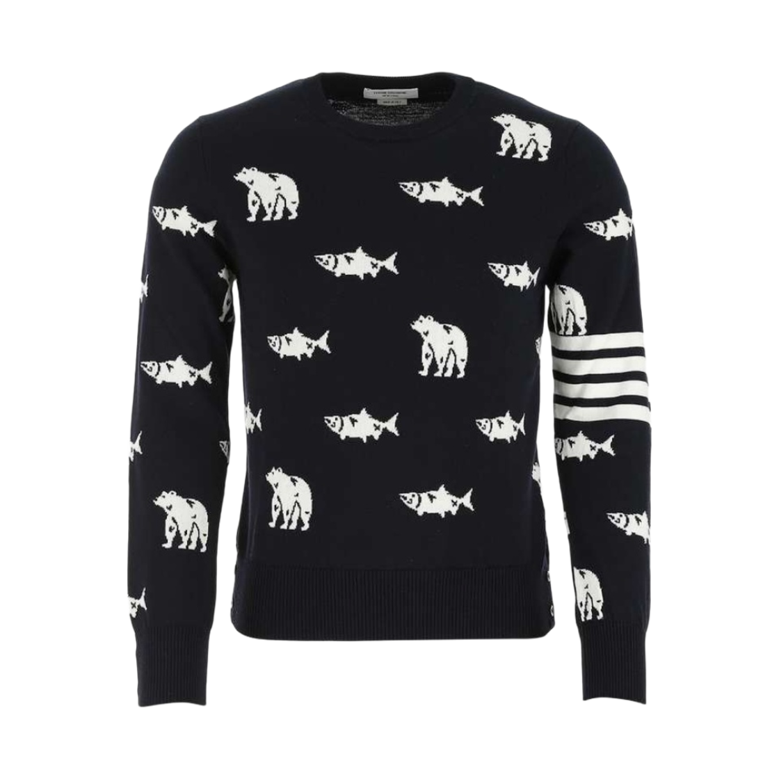 MKA365A-Y1002-415 Thom Browne Merino Wool Intarsia Bear and Salmon Half Drop Intarsia 4-Bar Crewneck Pullover Navy