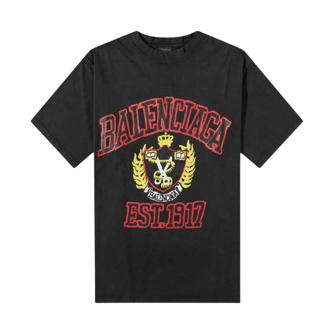 발렌시아가 DIY 컬리지 미디움 핏 티셔츠 페이디드 블랙