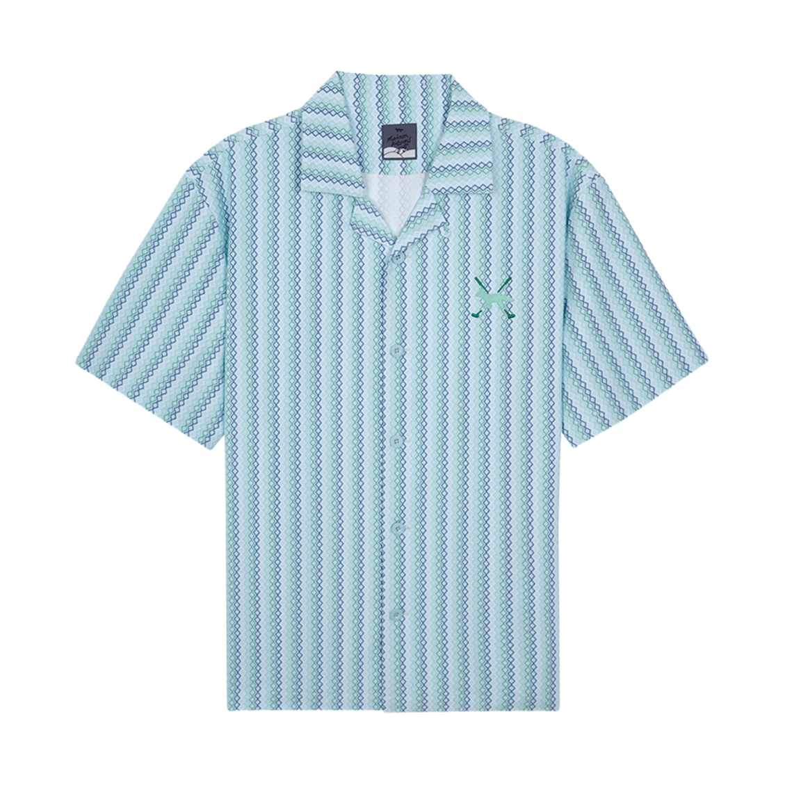 (W) 메종 키츠네 프로파일 폭스 다이아몬드 스트라이프 숏슬리브 셔츠 스카이 블루((W) Maison Kitsune Profile Fox Diamond Stripe Short Sleeve Shirt Sky Blue) - 1