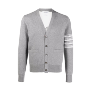 Thom Browne Cotton Plane Jacquard Back 4-Bar V-Neck Cardigan Light Grey