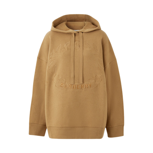 (W) Burberry Embroidered Oak Leaf Crest Oversized Hoodie Camel
