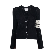 (W) Thom Browne Irish Pointelle Cable Merino Wool 4-Bar V-Neck Cardigan Navy