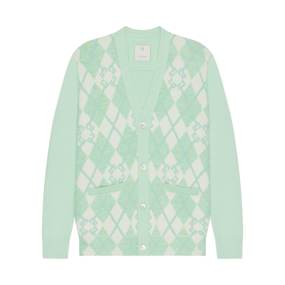 BM90TJ4YL0-341 Givenchy Cardigan in Monogram 72 Argyle Wool Aqua Green
