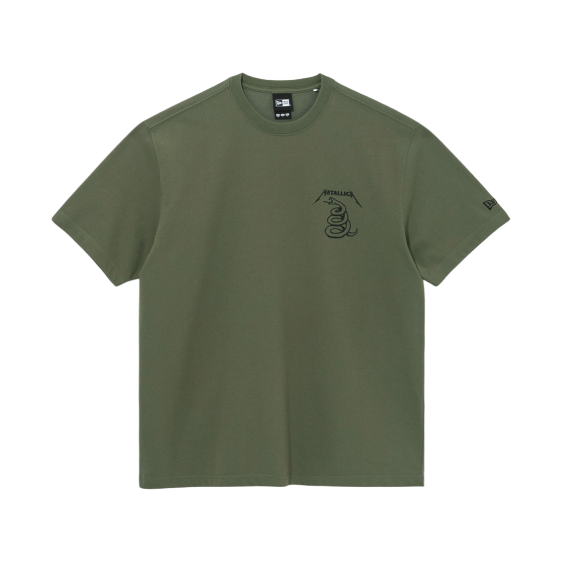 뉴에라 x 메탈리카 블랙 앨범 스네이크 로고 티셔츠 카키(New Era x Metallica Black Album Snake Logo T-Shirt Khaki)