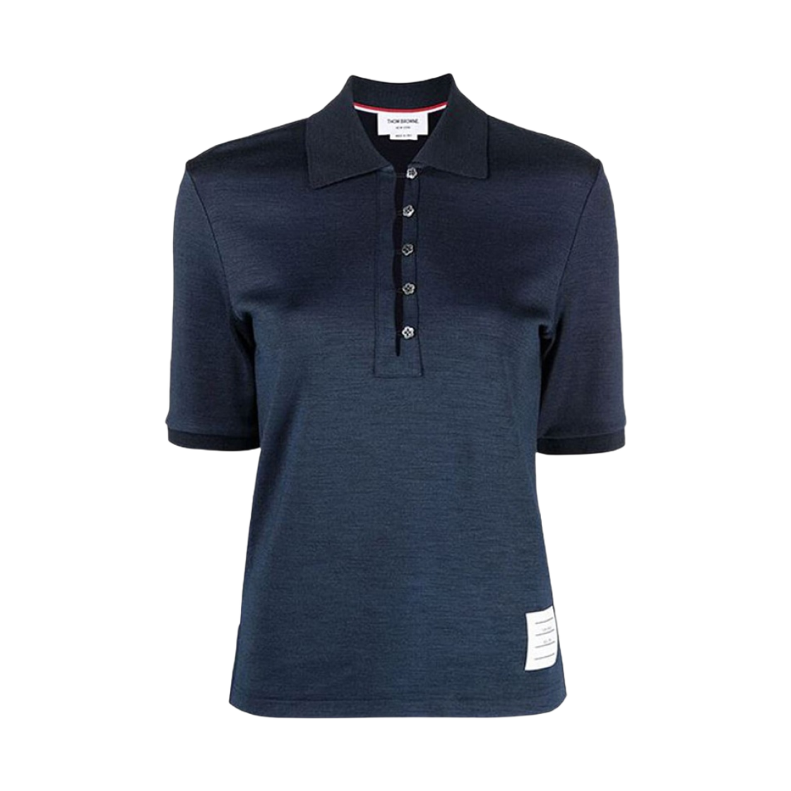 FJP062A-05596-415 (W) Thom Browne Double Face Silk Cotton Mother of Pearl Flower Button Polo Navy