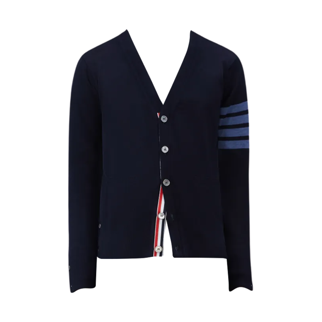 MKC002B-Y1014-415 Thom Browne Wool 4-Bar V-Neck Cardigan Navy