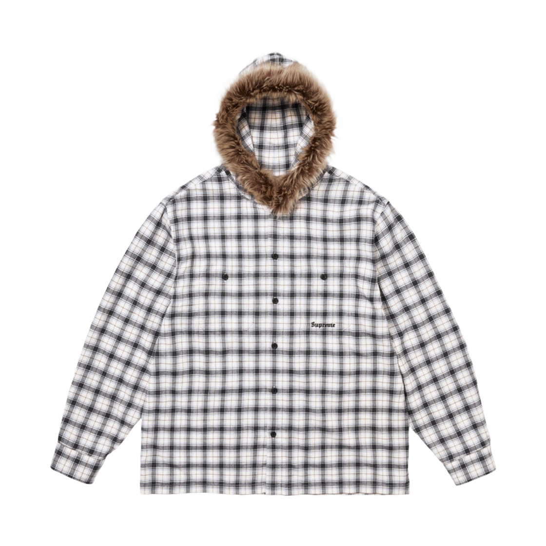 슈프림 퍼 트림 플란넬 후드 셔츠 화이트 플레이드 - 24FW | Supreme