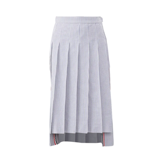 (W) Thom Browne Seersucker Below The Knee Pleated Skirt Navy