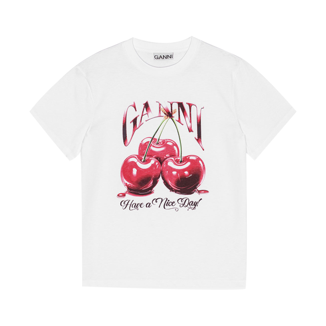 (W) 가니 베이직 저지 체리 릴렉스드 티셔츠 브라이트 화이트((W) Ganni Basic Jersey Cherry Relaxed T-Shirt Bright White)