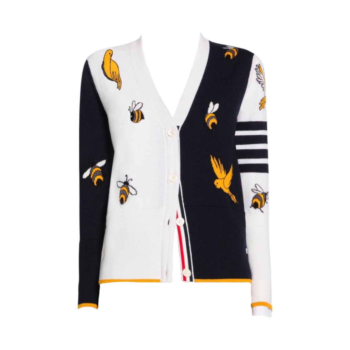 (W) 톰브라운 펀 믹스 코튼 멜리노 버드 & 비 브이넥 가디건 화이트((W) Thom Browne Fun-Mix Cotton Merino Birds & Bees V-Neck Cardigan White) - 1