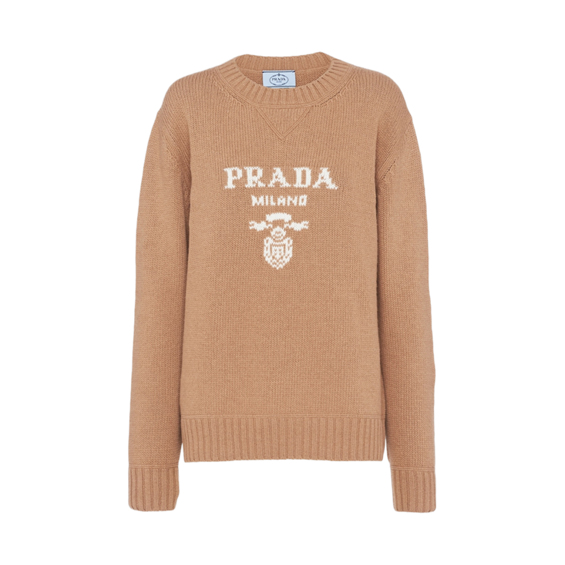 P24G1V-1YMW-F0040 (W) Prada Cashmere Wool Prada Logo Crew-Neck Sweater Camel Brown