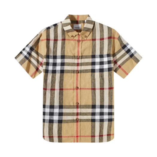 8051073 Burberry Short Sleeve Check Linen Oversized Shirt Archive Beige