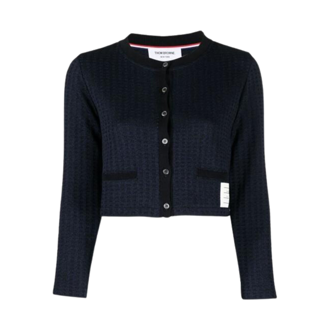FJT323A-J0133-415 (W) Thom Browne Gingham Jacquard Crewneck Cardigan Blue