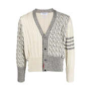 Thom Browne Fun Mix Donegal Cable 4-Bar V-Neck Cardigan White