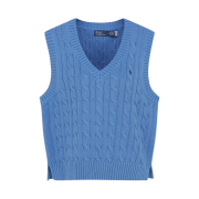 [30%적립] Polo Ralph Lauren Women Cable Knit Cotton V-Neck Sweater Vest Blue